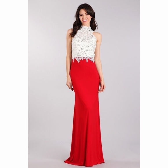 NEW! My Fashion 1666 Red & White Lace Top Halter - Picture 2 of 7